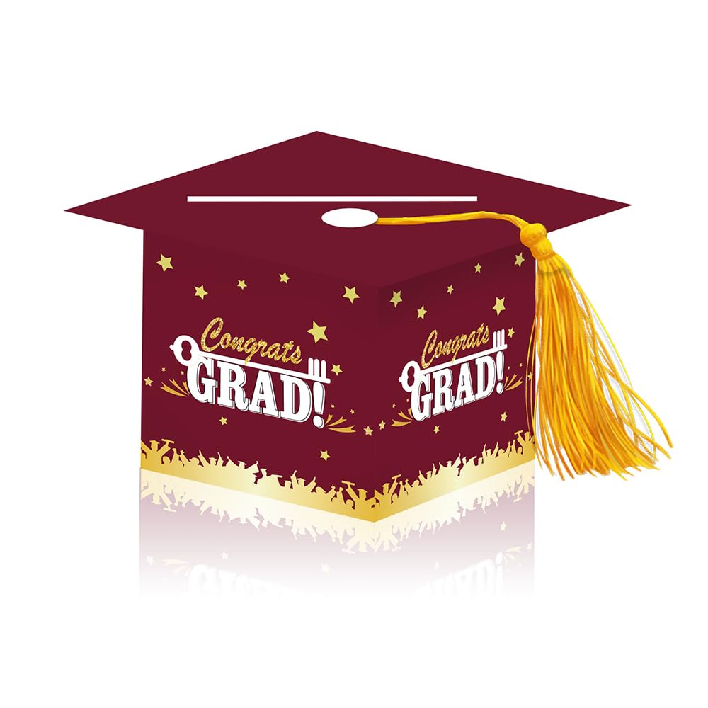 2026 Graduation Party Card Box, Maroon Gold Congrats Cap Card Holder Box with Tassel for 2026 Graduation Party Decorations