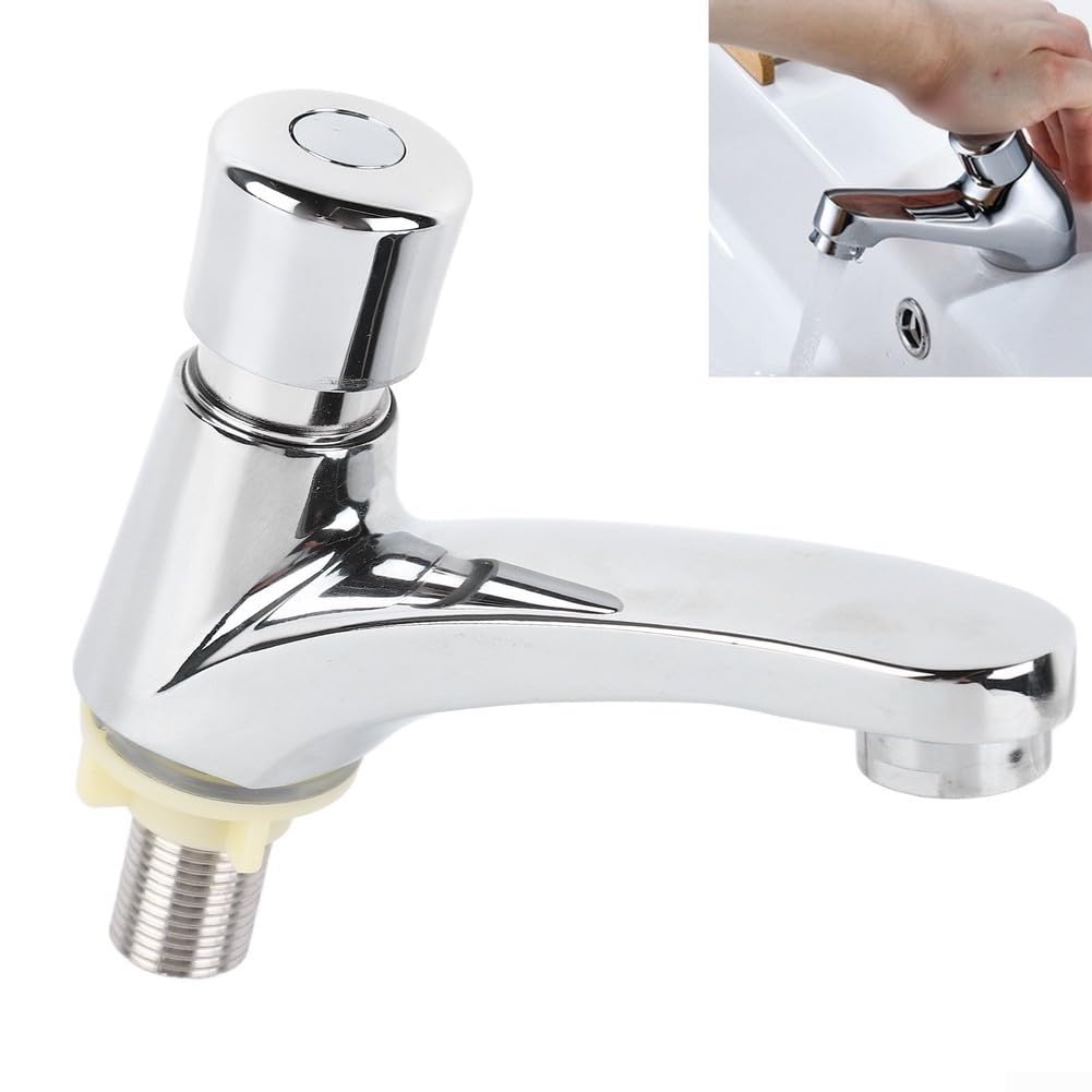 Grifo de lavabo con temporizador de ahorro de agua en aleación de zinc, grifo de encimera con interruptor pulsador y diseño a prueba de fugas para hoteles, escuelas y fábricas, acabado cromado, un s