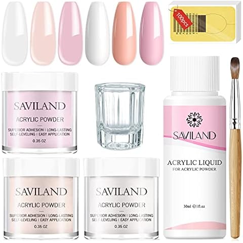 Saviland Acrylic Nail Kit - Acrylic Powder with Liquid Monomer 3 Colors Pink Nudes Clear Nail Art Powder for Doing Acrylic Nail Extension Cover