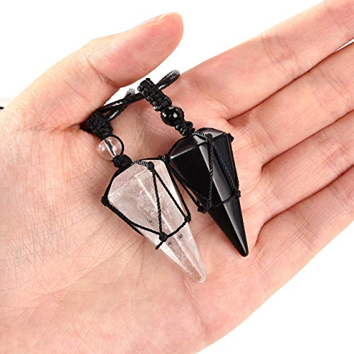 Vadiforest 2 Pcs Natural Obsidian & Clear Quartz Couple Pendant Necklace Set Reiki Healing Crystal Stone Hexagonal Pointed Pendulum Necklace Kit Men Women Jewelry Gift For Valentines, Birthday #TOP1
