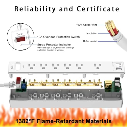 6 Ft Power Strip Surge Protector - Yintar Extension Cord with 6 AC Outlets and 3 USB Ports for Home, Office, Dorm Essentials, 1680 Joules, ETL Listed, White - 6