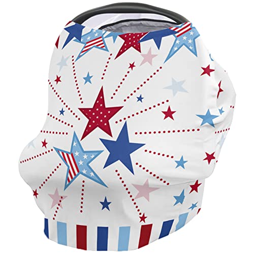 Nursing Cover for Breastfeeding Scarf, Blue and Red Stars Independence Day 4th of July Stripes Baby Car Covers Super Soft Multi Use for Canopy Shopping Cart Cover Blanket Stroller Cover