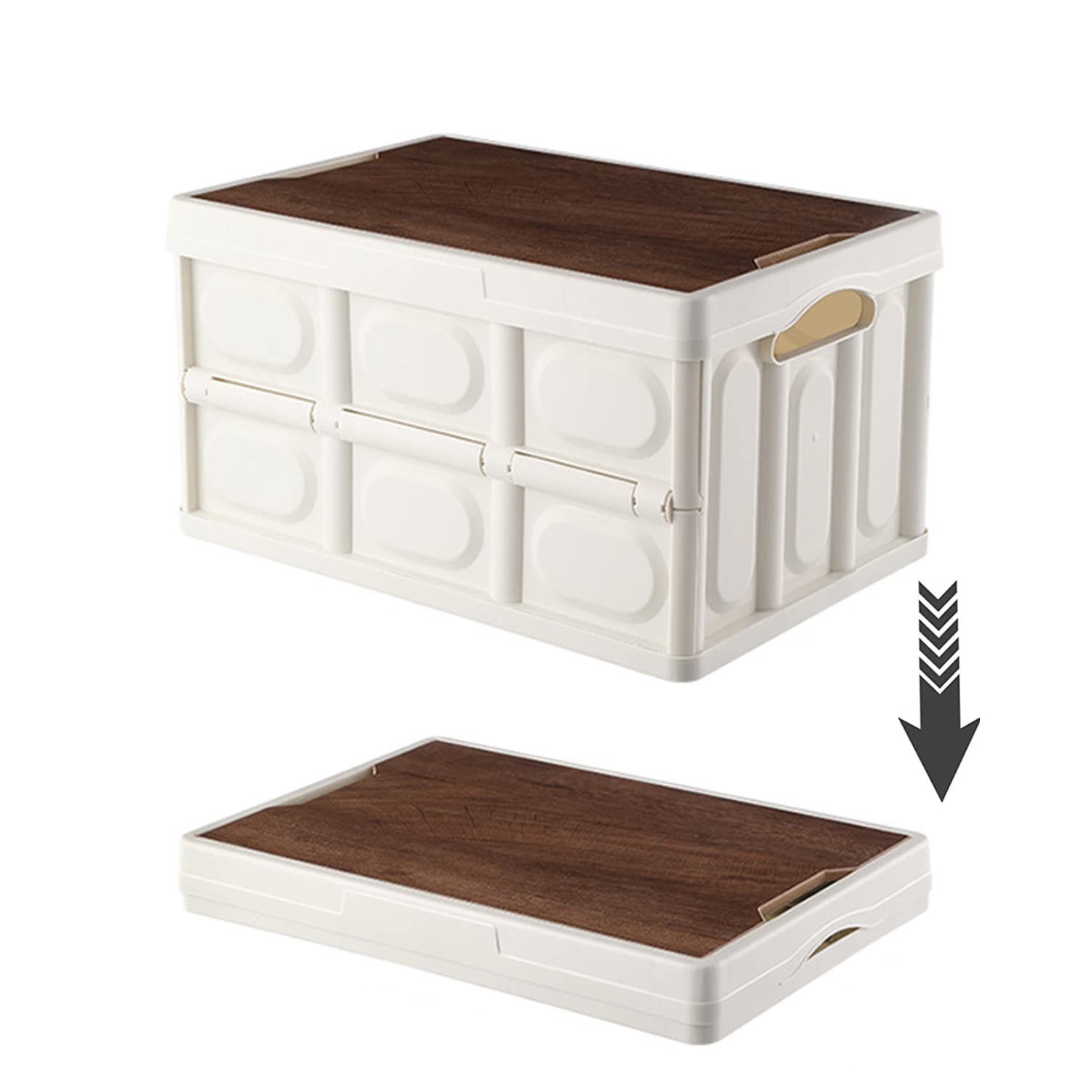 TAPIT Foldable Storage Bin with Wood Lids, Multifunction Folding Plastic Storage Box, 56L Outdoor Large Collapsible Stackable Container for Home Party Picnic BBQ Fishing