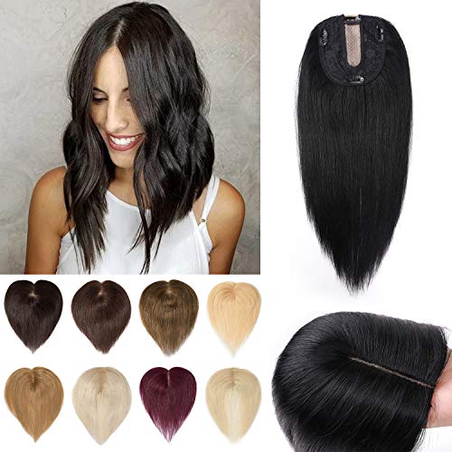 S-noilite 14" Human Hair Crown Toppers Hand Made Silk Base Clip in Top Hair Pieces 120% Density Hand Tied Lace Mesh Wiglet Toupee Long Replacement Top Hairpieces For Hair Loss #1 Jet Black