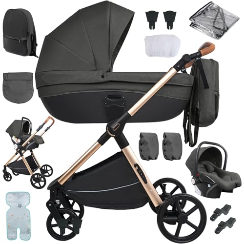 MoLi Carrito de Bebe 3 en 1, Carro Bebe 3 Piezas Plegado Conveniente con Un Solo Clic, Carrito Bebe con Modo de Doble Empuje Reversible, Cochecito Bebe 3 Piezas Paisaje Alto (H2 Deep Grey)