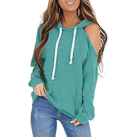 JAWINT Women's Long Sleeve Tops Cold Shoulder Casual V Neck Colorblock Pullover Hooded Loose Fall Sweatshirts Shirts Mint Green Cover