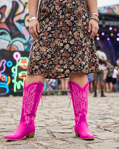 Image of Uillnoodu Wide Calf Cowboy Boots Women Adjustable Lace Up Knee High Tall Plus Size Cowgirl Boots Western Style Comfortable 2-Inch Heel