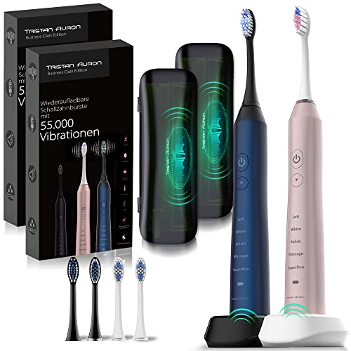 Tristan Auron Schallzahnbürste Doppelpack 55000 VPM + mit UV Case - 60 Tage Akku - 5 Putzmodi - Wasserdicht - Ladegerät für elektrische Zahnbürste (Business Edition pink/blau) Cover