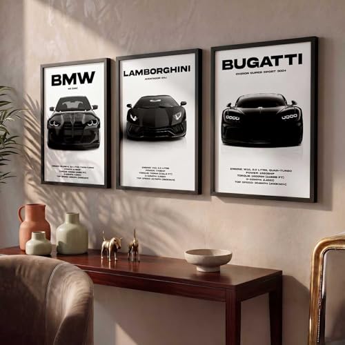 Image of walllane Big BMW M3, Lamborghini Aventador, Bugatti Chiron Cars Framed Posters Gift Items for Boys Room Wall Decoration | Car Poster Frame for Wall Decor Set Of 3 Size (13x17 inch), Framed