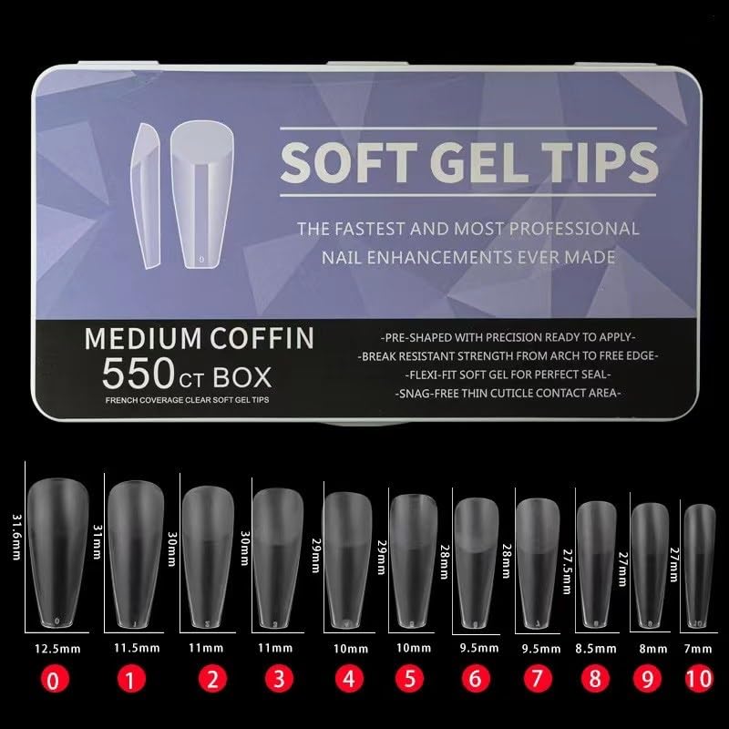 Styfy Soft Gel Full Cover Tips | Matte Acrylic Tips Artificial False Tips with Box Fake Tips Extension for Salons DIY Art (Medium Coffin Tips | Matte Finish, 550 pcs)