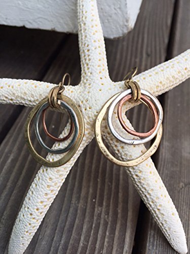 Handmade-Sunrise-Tricolor-Dangle-Earrings-Burnished-Circles-Copper-Brass-and-Silverplated