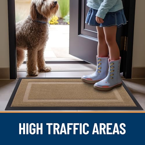 OLANLY Front Door Mat Indoor Outdoor Entrance, Waterproof All-Season, All-Weather Doormat, Sturdy Natural Rubber, Fade Resistant, Low Profile, Easy Clean Patio Porch Entryway Mat, 59x20, Light Brown