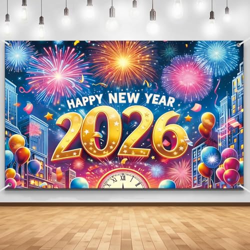 Happy New Year Banner 2026 New Years Eve Party Accessories Happy Year Decorations Colorful Firework Balloons Theme Backdrop for Years Eve Christmas Banner Christmas Party Decorations 180x110cm