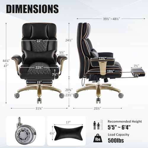 Image of Big Tall Executive Office Chair 500lbs, Comfortable PU Leather Desk Chair with Footrest Adjustable Air Back Support, Lumbar Massage Function, 360Swivel, Tilt Recline,Height Adjustment,Black