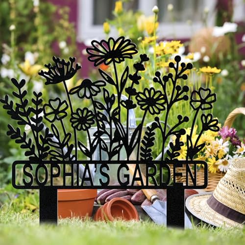 Extrabily Personalized Name Garden Signs With Stake, Custom Garden Flowers Metal Decor, Yard Outdoor Art Gift For Mom Grandmother thumb #1