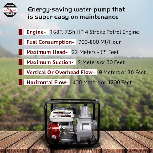 Image of 7.5 HP Petrol Water Pump (2 Inch) | 4 Stroke Engine, 3600 RPM | Max Discharge 1200 LPM | High Head Irrigation Pump for Agriculture, Farming, Draining & Construction