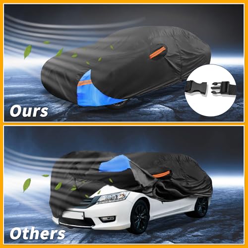 Image of Universal Car Cover Waterproof All Weather 190T Polyester, UV Sun Rain Protection, Fits for Sedan Length Up to 177 inch, with Left Side Zipper, Black & Blue