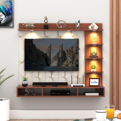 Image of Anikaa Tyron Engineered Wood Wall-Mount TV Unit with PVC Back Panel & LED Lights | TV Cabinet with Storage Box & Decorative Shelves (Walnut) | Ideal for TVs up to 43 Inch | DIY Installation
