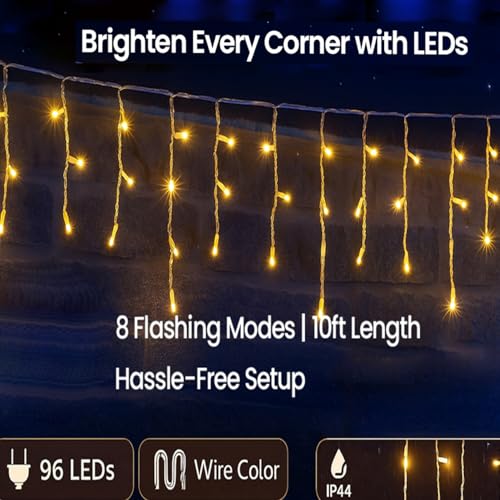 Image of MIRADH Icicle Diwali Lights Outdoor, 10ft 96 LED with 16 Drops Icicle Lights, Plug in Lights with 8 Modes Waterproof for Decoartion Light for Diwali, Christmas, Birthday, Ganesh Puja (Warm White)