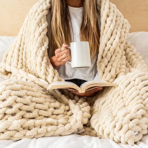Image of SAMIAH LUXE Chunky Knit Blanket 50x60 Buttercream - Beige Luxury Chenille Blanket for Farmhouse Decor; Boho Decor Throw Blanket for Fall Decor; Tight Braided Thick Cable Knit Throw for Couch or Bed
