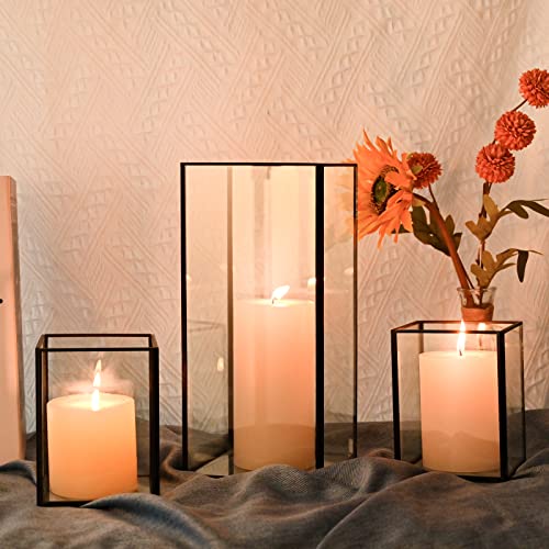 Hurricane Candle Holder Set Of 3 Crystal Glass Candle Holders For Table Centerpiece With Metal Frame Square Black Candle Holders For Pillar Candles For Wedding, Thanksgiving, Christmas, Party, Holiday #TOP2