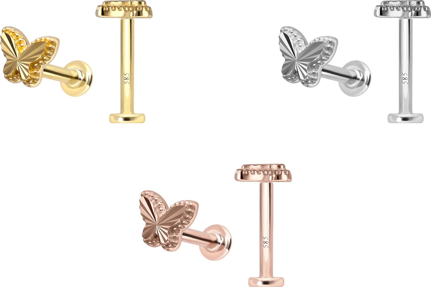 PIERCINGLINE Piercing Stecker 14 Gold Labret mit Push Fit SCHMETTERLING 585er Gold - Roségoldfarben, Goldfarben, Silberfarben