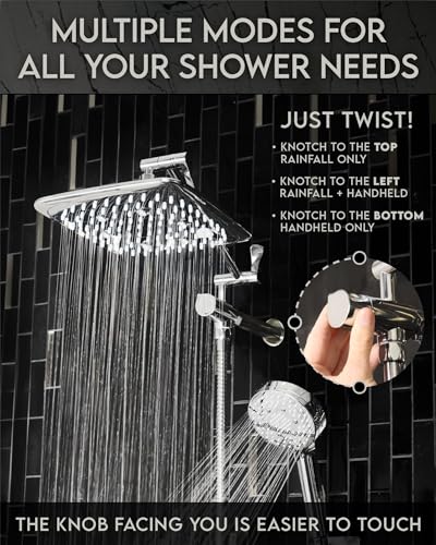 Image of Veken High Pressure Rain Shower Head Combo with Extension Arm - Easy to Install, Adjustable Dual Showerhead with 3 Spray Modes & Anti-Clog Nozzles - Chrome
