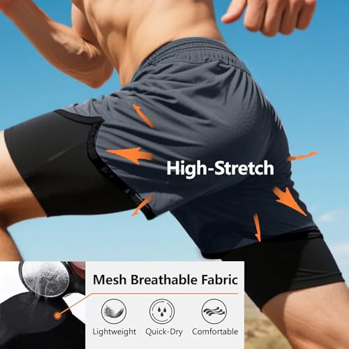 3 Pack Men's 2 in 1 Running Shorts with Liner,5" Quick Dry Gym Athletic Workout Shorts,Lightweight Training Yoga Pants4