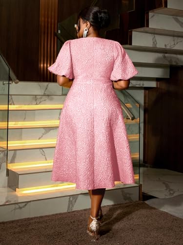 Image of AOMEI Women's Irregular Neck with Flower Short Puff Sleeve High Waist A-Line Jacquard Dress