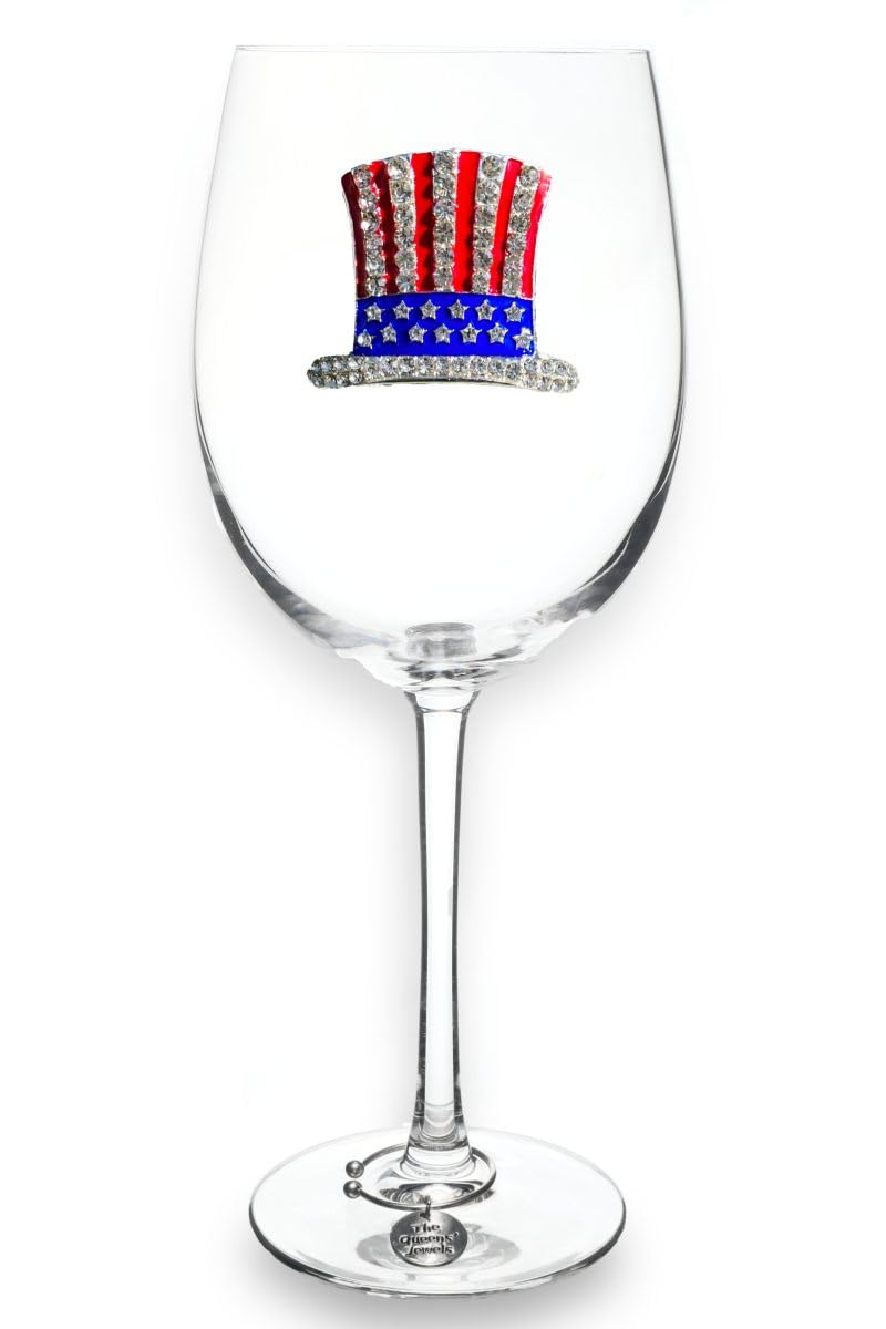 THE QUEENS' JEWELS Red White and Blue Patriotic Hat Jeweled Stemmed Wine Glass, 21 oz. - Unique Gift for Women, Birthday, Cute, Fun, Not Painted,
