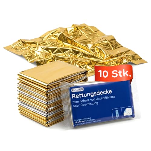 FLEXEO 10 × Rettungsdecke Gold/Silber, 210 × 160 cm | Rettunsfolie, Notfall, Erste-Hilfe-Decke, Notfalldecke, Emergency Blanket | Goldfolie/Silberfolie
