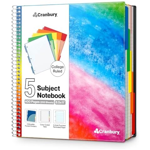 CRANBURY 5-Subject Notebook College Ruled, Movable Pocket Dividers with Tabs, 200 Sheets (400 Pages) 8.5x11 Paper, Colorful Spiral Notebook, Protective Plastic Covers, Multi Subject Cover