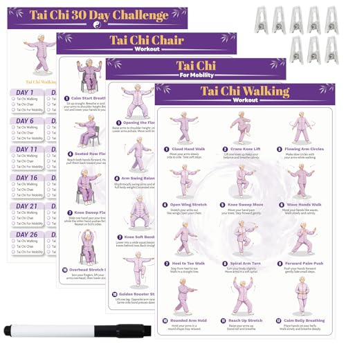 Tai Chi Workout Chart Poster Set for Seniors & Beginners Tai Chi Chair Walking Mobility Exercise Poster 30-Day Challenge for Living Room Bedroom Home Gym Wall Art Purple 11.8X8.3inch