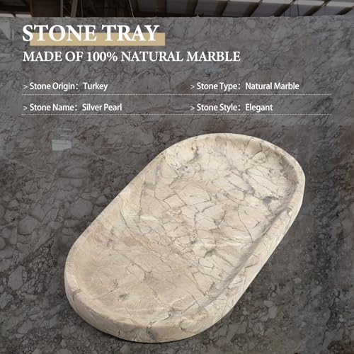 Image of Koville Natural Silver Pearl Marble Decorative Tray, 10 inch x 5 inch Marble Vanity Tray for Bathroom Countertop Organizer Stone Trays, Catchall Tray Stone Plate for Perfume, Candles, Jewelry