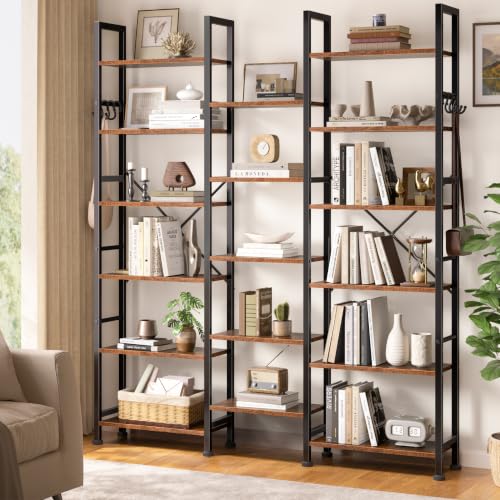 Image of Furologee Triple Column 6 Tier Bookshelf, Large Bookcase with 17 Display Shelves, Wide Book Shelf with 6 Hooks, Adjustable Rustic Bookshelves Storage Organizer, Shelving Unit for Living Room, Office