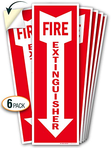 (6 Pack) Fire Extinguisher Signs, Self Adhesive Vinyl Decals, Arrow Pointing Down, Indoor and Outdoor Use, 4