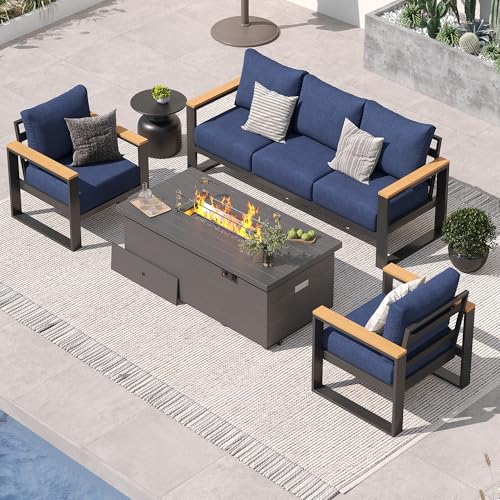 Image of Sundale Outdoor Aluminum Patio Furniture Set, 4 Piece Outdoor Conversation Sets with Fire Pit and 6 inch Thick Olefin Cushions, All Weather Outdoor Sectional Set for Deck, Lawn, Yard (Navy Blue)
