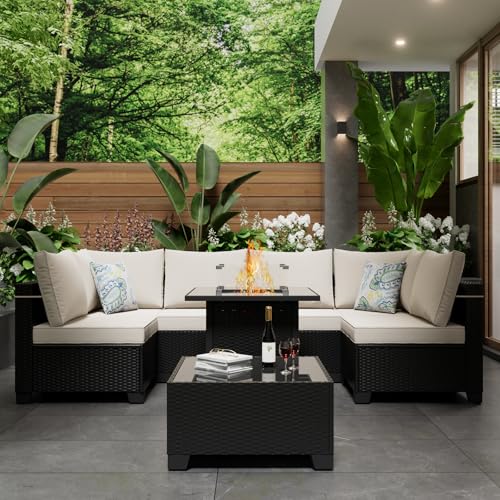 Ophelian 8 Pcs Patio Furniture Set with Fire Pit Table, Outdoor Wicker Sectional Sofa, Conversation Set Perfect for Backyard, Garden, Deck (Coffee/Beige)