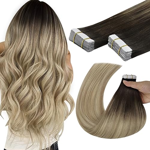 YoungSee Balayage Tape in Hair Extensions Real Human Hair 22 Inch Ombre Tape in Extensions Human Hair for Long Hair Dark Brown Ombre Brown with Blonde 20pcs 50g