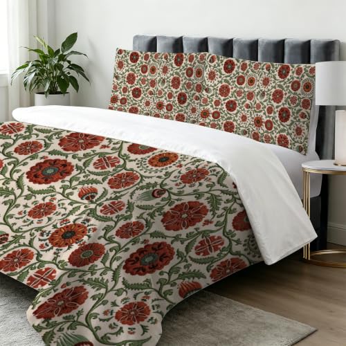 Parure de lit rouge brique style pastoral avec housse de couette imprimée fleurs - 4