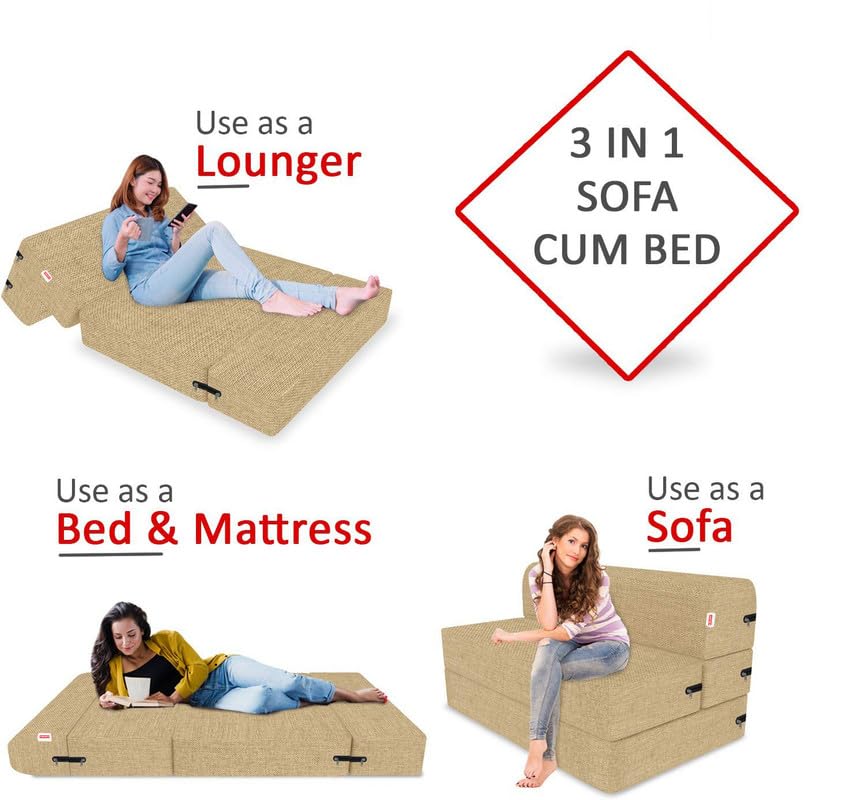 Image of Coirfit 3 Seater Folding Sofa Cum Bed - Jute Fabric Washable Cover with Free Cushions, Beige - 5' x 6 Feet