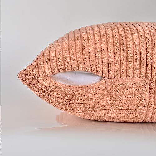 Image of Fancy Homi 2 Packs Peach Samll Decorative Throw Pillow Covers 12x12 Inch with for Couch Bed Sofa, Rustic Farmhouse Boho Home Decor, Soft Corss Patchwork Corduroy Cute Square Cushion Case 30x30 cm