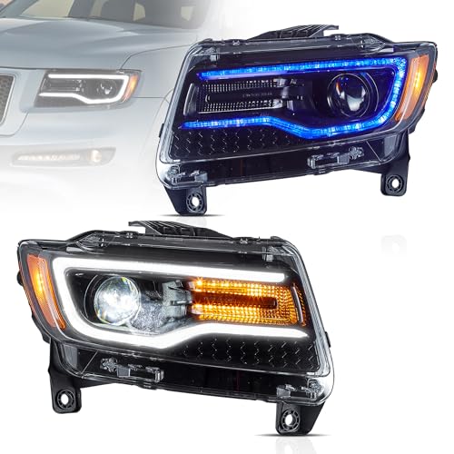 YUANZHENG Headlights For Jeep Grand Cherokee WK2 2011 2012 2013 4th Gen (Fourth Generation WK2) W/Start Bule to White Dynamic Animation & Sequential Tun Signa For Xenon and Halogen Models