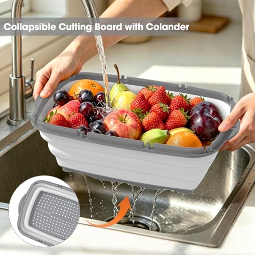 Image of Gintan Camping Cutting Board, 9-in-1 Collapsible Chopping Board with Colander, Outdoor-Kitchen Vegetable Washing Basket for Campers, Camping Gifts Camping Accessories for RV Campers (Gray)