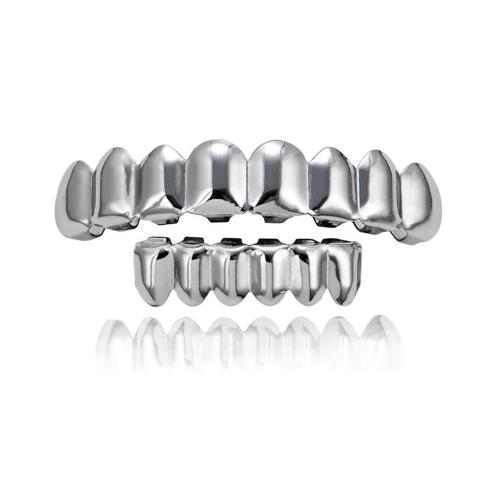 Silver Teeth Hip Hop, 1 Set Silver Hip Hop Teeth, Teeth Grills Silver Teeth, Hip Hop Teeth, Braces Top and Bottom Grill Cap, for Men and Women Dance, Party, Halloween, Stage golden 5cm*1.3cm,4cm*1.1cm