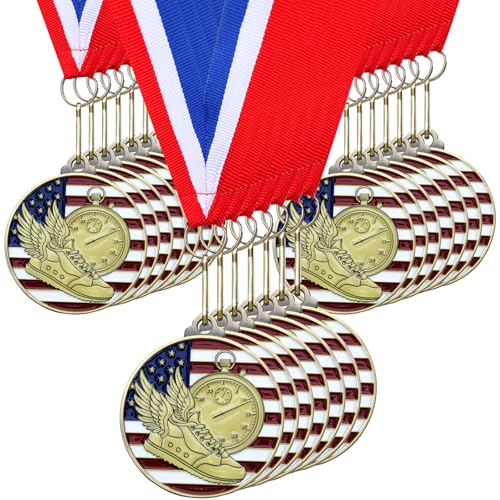 Cunno 20 Pcs Patriotic Athletics Award Medals Bulk 2 Gold Athletes Medallion with Neck Ribbons Metal Trophy Award Prize Gift for Tournaments Competitions Party