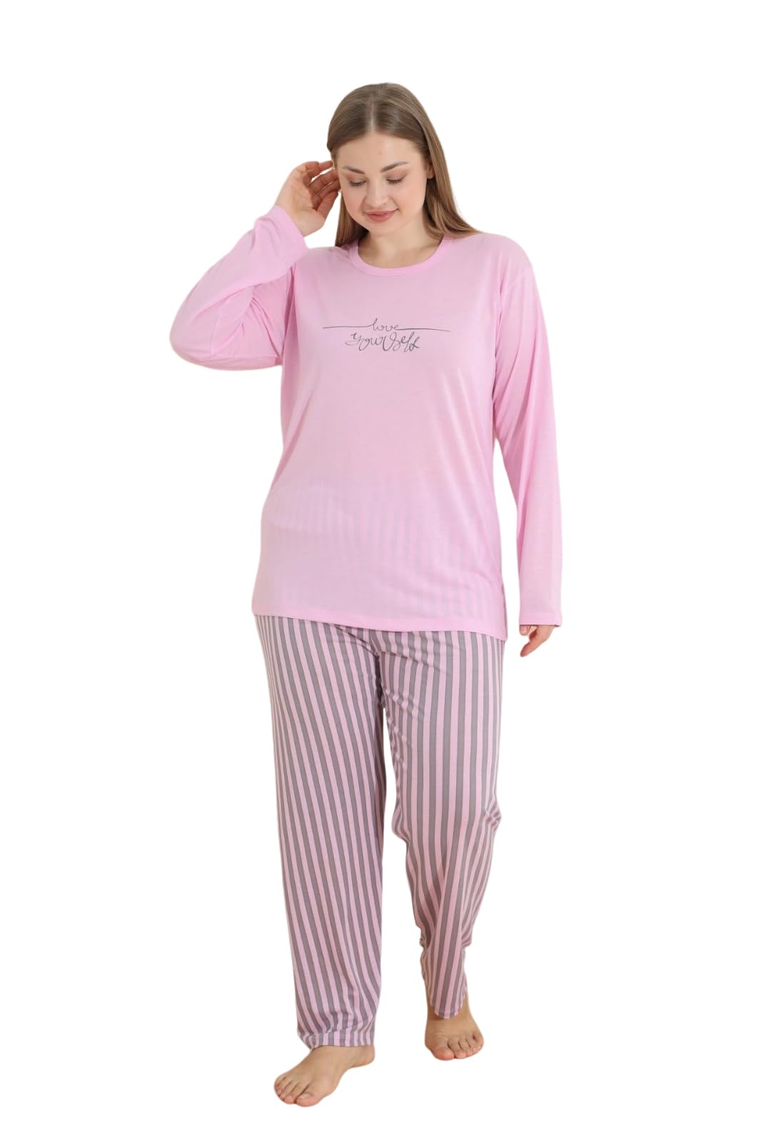 LindrosWomen's Plus Size 2-Piece Sleepwear Top and Pants Turkish Cotton Pajama Set Plus Size Homewear Nightwear Long Sleeve