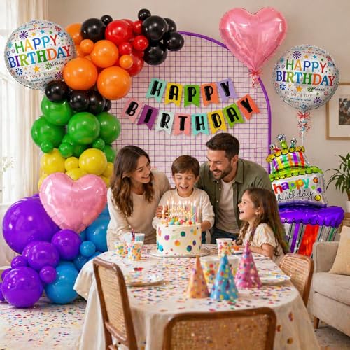 Image of Rozi Decoration Happy Birthday Decoration Kit Pack of 48 Pcs, Multicolor Birthday Party Decoration Set with Banner, Cake Foil Balloons, Heart Balloons & Latex Balloons for Kids & Home Celebration