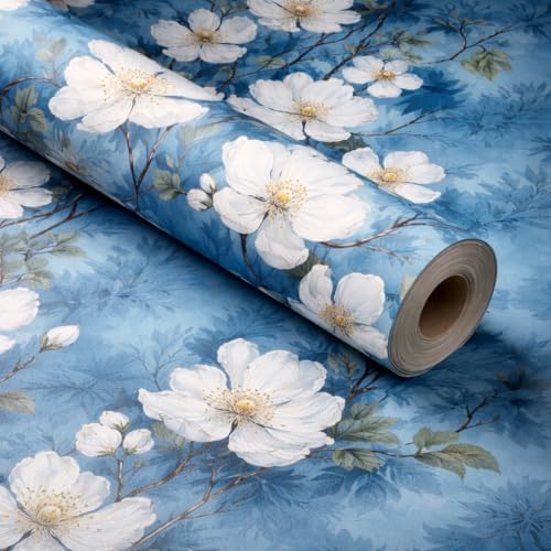 Image of VKR 3D Floral Wallpaper, Self Adhesive Decorative Peel and Stick Wall Covering Sticker for Bedroom, Living Room and Office (45 x 300 cm, Blue Flower) Pack of 1