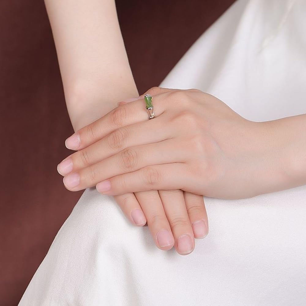Anillo de plata S925 con incrustaciones de jaspe hetiano natural, nudo de bambú y hoja de bambú (apertura ajustable) para mujer, Jade, Sin piedras preciosas